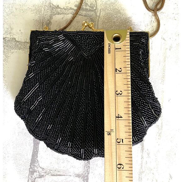 VTG Carolyne Barton Black Beaded Clam Clutch Shoulder Evening Purse Crossbody - Picture 6 of 7